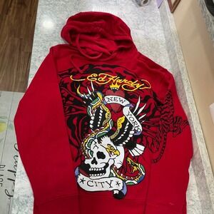 Ed Hardy Hoodie New York City Graphic Size M Red Tattoo Eagle Skull EHM1300-26